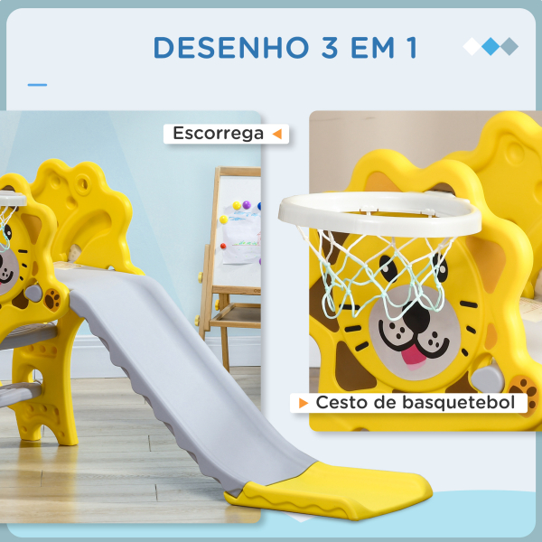AIYAPLAY Escorrega para Crianças 2 em 1 com 2 Degraus Cesta de basquetebol e Desenho de Leão para Interior 131x50x74 cm Amarelo e Cinza - Image 4