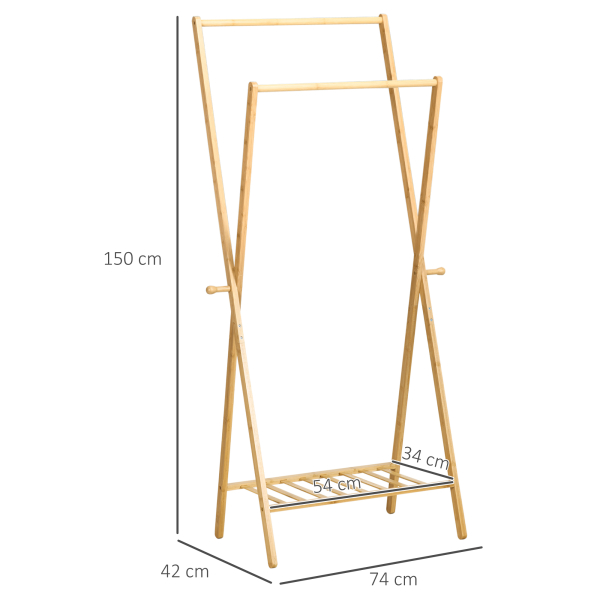 HOMCOM Suporte para Cabides de Bambu com Prateleira para Sapatos 2 Barras e 2 Ganchos 74x42x150 cm Madeira - Image 3