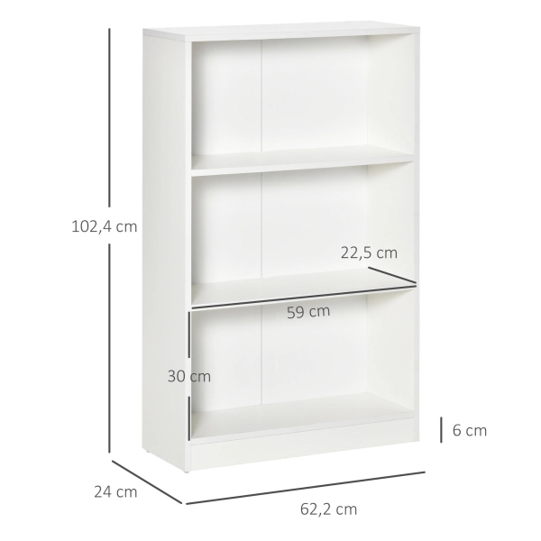 HOMCOM Estante para Livros com 3 Compartimentos de Armazenamento Livros Plantas para Sala de Estar Estúdio Dormitório 62,2x24x102,4cm Branco - Image 3