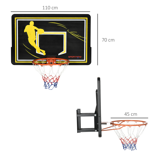 SPORTNOW Tabela de Basquetebol de Parede para Interior Exterior Tabela de Basquetebol para Adultos 110x90x70 cm Preto e Amarelo - Image 3