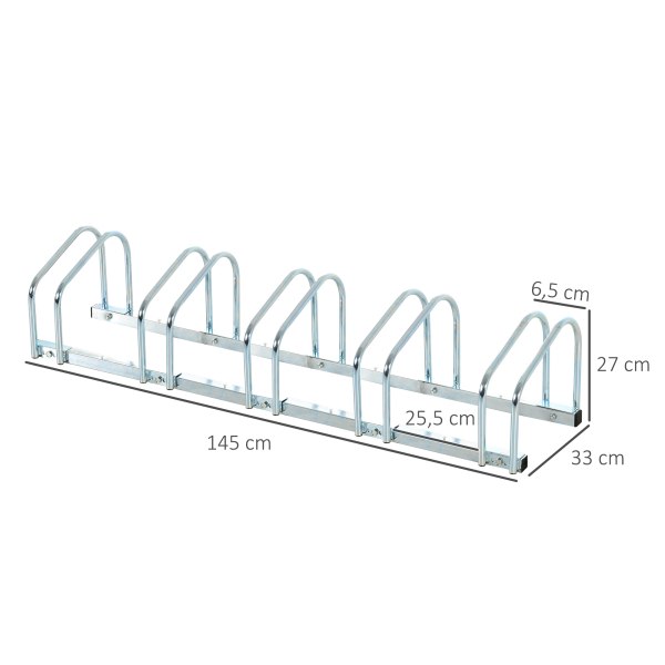 HOMCOM Estacionamento para 5 Bicicletas Suporte de Aço para Estacionar Bicicletas no Chão para Interior e Exterior 145x33x27cm Prata - Image 3