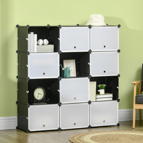 HOMCOM Armário Modular de Plástico Armário com 12 Cubos Organizadores de Sapatos Roupas Brinquedos 125x32x125cm Branco e Preto - Image 2