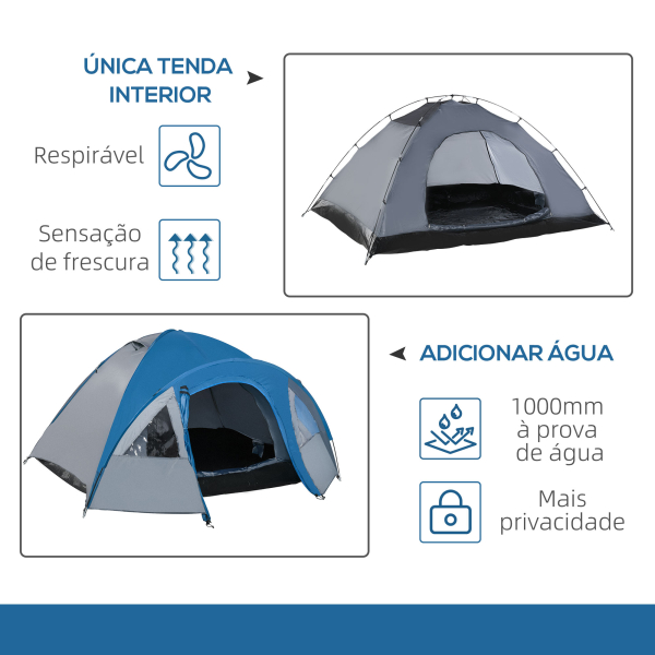 Outsunny Tenda de Campismo para 4 Pessoas Tenda de Campismo com Janelas 2 Bolsos e Bolsa de Transporte 300x250x130 cm Cinza e Azul - Image 4
