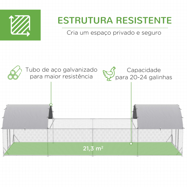 PawHut Galinheiro Exterior de Aço Galvanizado com 4 Ambientes Teto Coberto e Grade para 20-24 Galinhas 7,6x2,8x1,95m Prata - Image 4