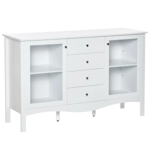 HOMCOM Aparador de Cozinha Armário Buffet com 2 Armários Porta de Vidro Prateleira Interior Ajustável e 4 Gavetas para Sala de Jantar Sala de Estar 136x45x85cm Branco