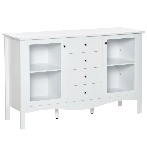 HOMCOM Aparador de Cozinha Armário Buffet com 2 Armários Porta de Vidro Prateleira Interior Ajustável e 4 Gavetas para Sala de Jantar Sala de Estar 136x45x85cm Branco