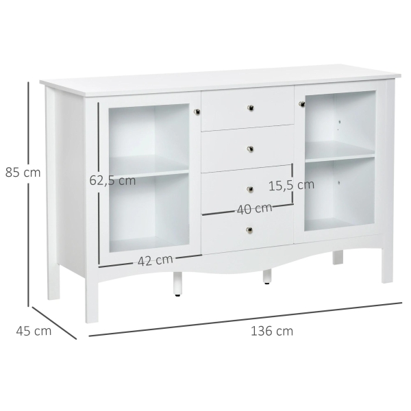 HOMCOM Aparador de Cozinha Armário Buffet com 2 Armários Porta de Vidro Prateleira Interior Ajustável e 4 Gavetas para Sala de Jantar Sala de Estar 136x45x85cm Branco - Image 3