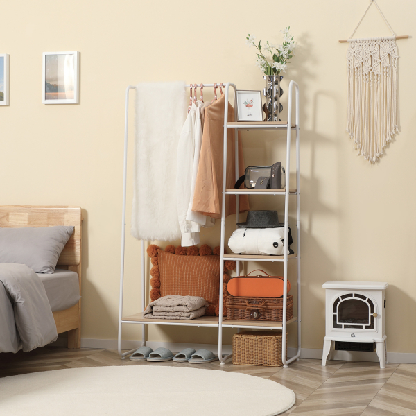 HOMCOM Suporte para Cabides com 4 Prateleiras de Armazenamento e Barra de Pendurar Estilo Industrial 101x39x160cm Madeira e Branco - Image 2