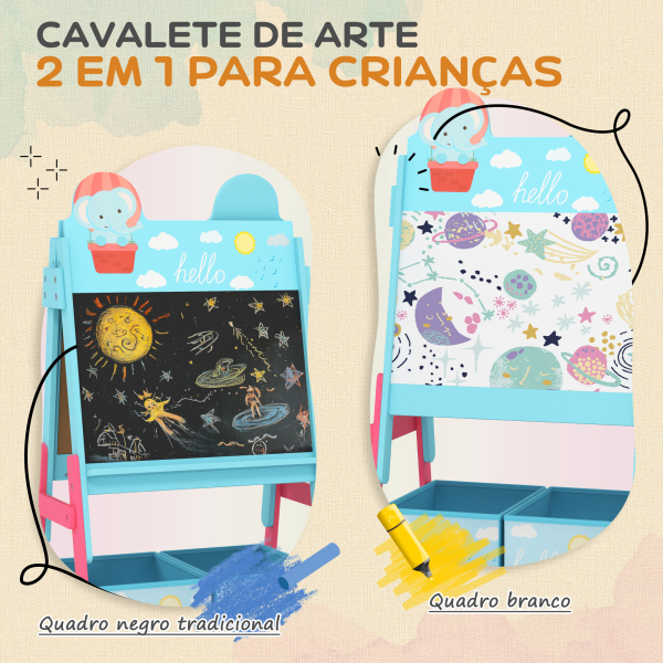 AIYAPLAY Cavalete para Crianças 2 em 1 Arsósia Infantil com Dupla Face 2 Caixas de Arrumação com Estampa em Animais 49x53,5x113 cm Azul - Image 4
