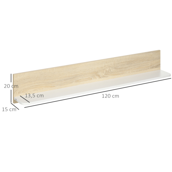 HOMCOM Estante de Parede Estante Flutuante de Madeira para Sala de Estar Dormitório Cozinha 120x15x20cm Carvalho e Branco - Image 3