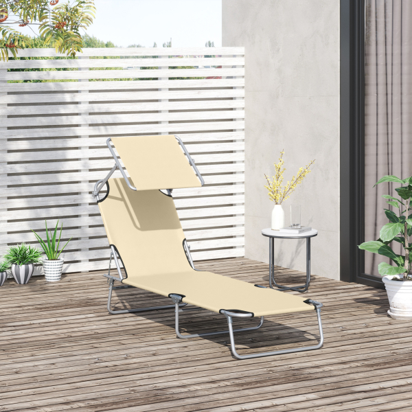 Outsunny Espreguiçadeira de Jardim Dobrável com Toldo Removível e Ajustável  e Encosto Ajustável 187x58x36 cm Bege - Image 2