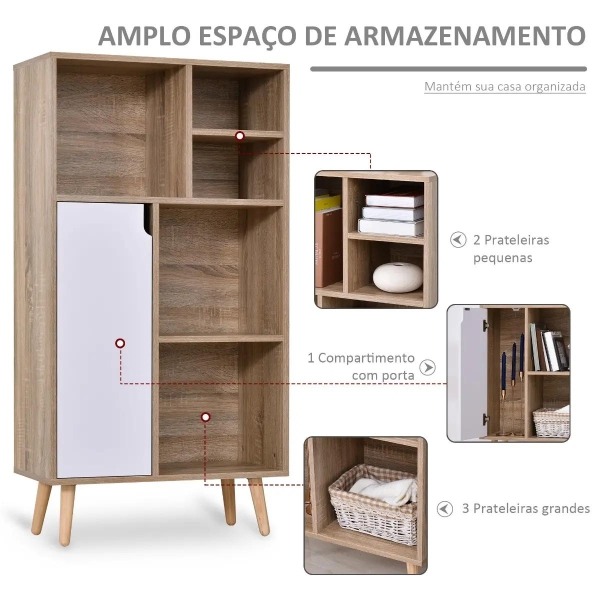 HOMCOM Móvel Aparador Alto Armário Auxiliar de Sala de Estar com 5 Compartimentos e 1 Porta Multiuso para Sala de Jantar Cozinha Dormitório 60x30x121cm Carvalho e Branco - Image 4