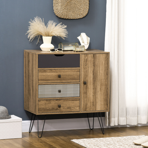 HOMCOM Cómoda de Madeira com 4 Gavetas Porta Prateleira Ajustável e Pés de Metal para Sala de Estar Dormitório 79x39x86cm Marrom - Image 2