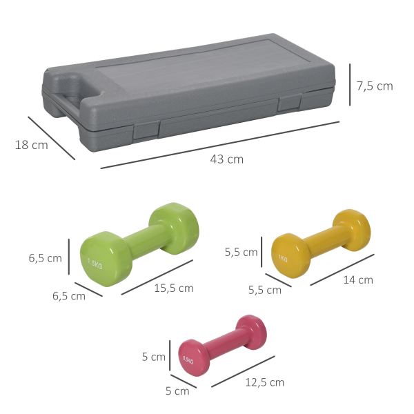 HOMCOM Conjunto de 6 Halteres Hexagonais 3 Pares de 1,5kg, 1kh e 0,5kg Conjunto de Halteres com Maleta de Transporte para Exercícios em Casa Academia Multicor - Image 3