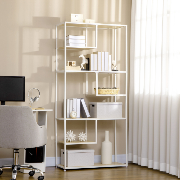 HOMCOM Estante de Armazenamento para Livros com Estrutura de Aço para Escritório Sala de Estar Estúdio 83x34x180cm Carvalho e Branco - Image 2