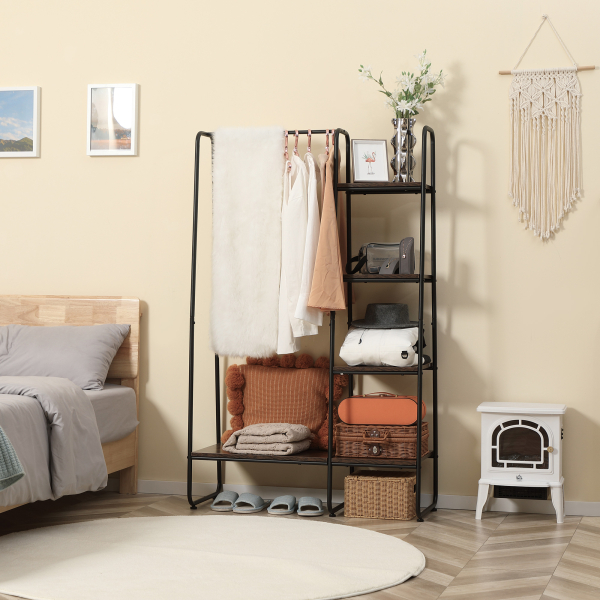 HOMCOM Suporte para Cabides com 4 Prateleiras de Armazenamento e Barra de Pendurar Estilo Industrial 101x39x160cm Marrom e Preto - Image 2