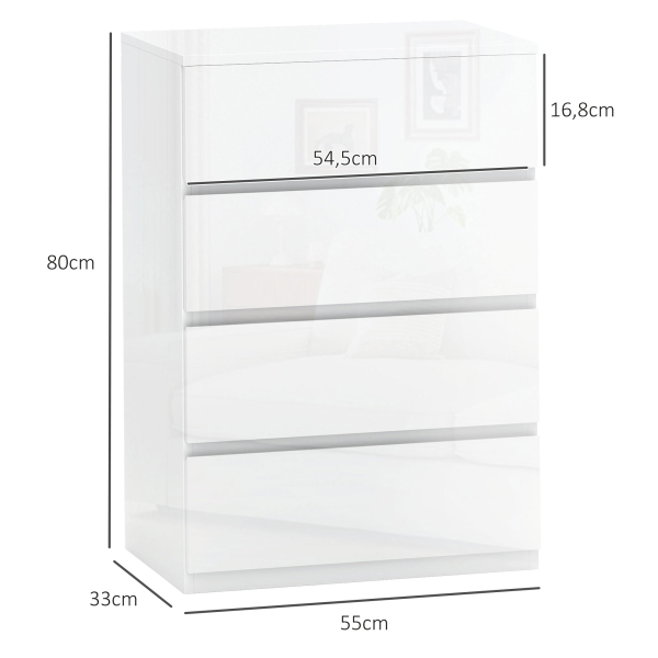 HOMCOM Cómoda com 4 Gavetas de Madeira Cómoda de Dormitório Cómoda Branca Estilo Moderno 55x33x80 cm Branco Brilhante - Image 3