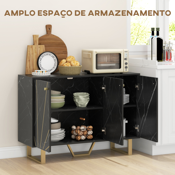 HOMCOM Aparador de Sala de Estar com 2 Armários e Prateleira Interior Ajustável com Efeito Mármore 107x35x75 cm Preto e Dourado - Image 4