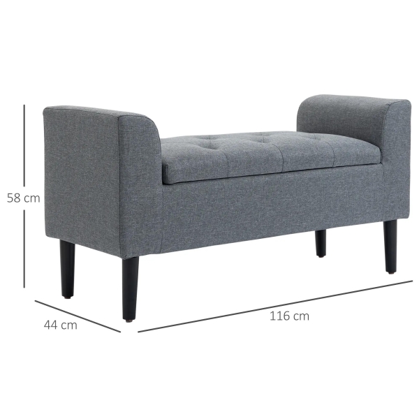 HOMCOM Banco para Pé de Cama Acolchoado com Espaço de Armazenamento Banco Multifuncional com Braços Tampa e Pés de Madeira para Dormitórios Sala de Estar 116x44x58 cm Cinza - Image 3
