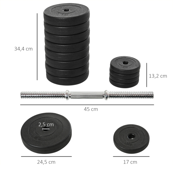 HOMCOM Conjunto de Halteres Ajustáveis Conjunto de Pesos 8x5kg 4x1,5kg e 2 Barras Total 50 kg  Preto - Image 3