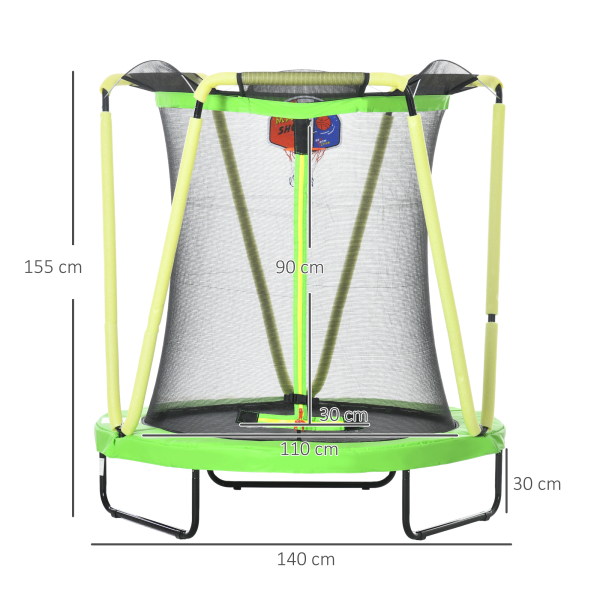 ZONEKIZ Trampolim Infantil Ø140x155 cm Trampolim para Crianças de 3-10 Anos com Cesta de Basquetebol e 20 Bolas de Plástico Verde - Image 3