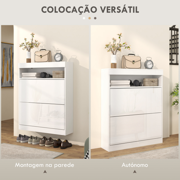 HOMCOM Móvel Sapateira de Entrada com Luzes LED Prateleira Aberta e 2 Gavetas Basculantes para 12-16 Pares 80x24x99,5 cm Branco Brilhante - Image 4