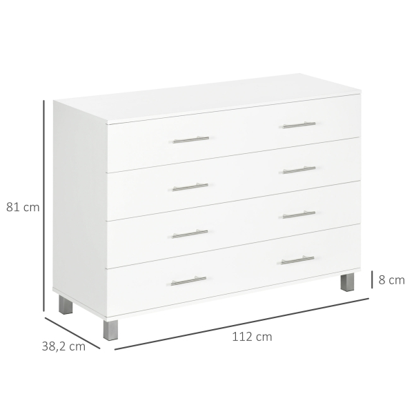 HOMCOM Cómoda com 4 Gavetas Cómoda de Dormitório de Estilo Moderno para Sala de Estar Entrada Corredor 112x38,2x81cm Branco - Image 3