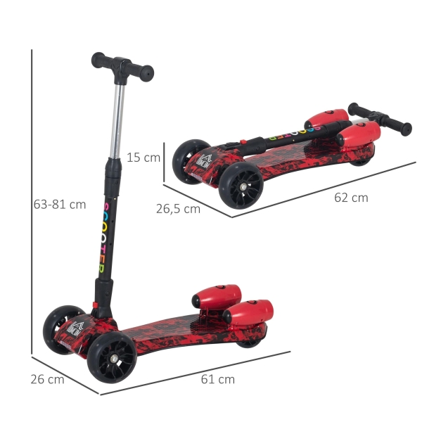 HOMCOM trotinete dobrável para crianças acima de 3 anos com altura ajustável em 4 níveis luzes musica e Nevoeiro de água 61x26x63-81 cm Vermelho - Image 3