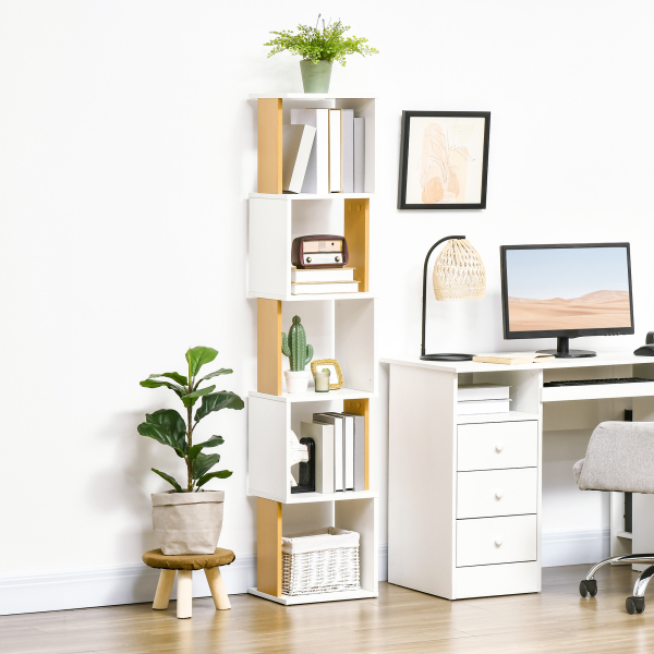 HOMCOM Estante de Livros em Forma de S Estante com 5 Prateleiras Abertas para Sala de Estar Escritório Anti-Tombo 33x28x161cm Branco - Image 4
