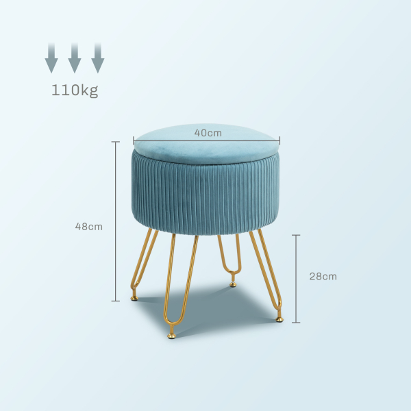 HOMCOM Puff de Armazenamento Estofado em Veludo Banco de Armazenamento com Pés de Aço Ø40x48 cm Azul Claro - Image 3