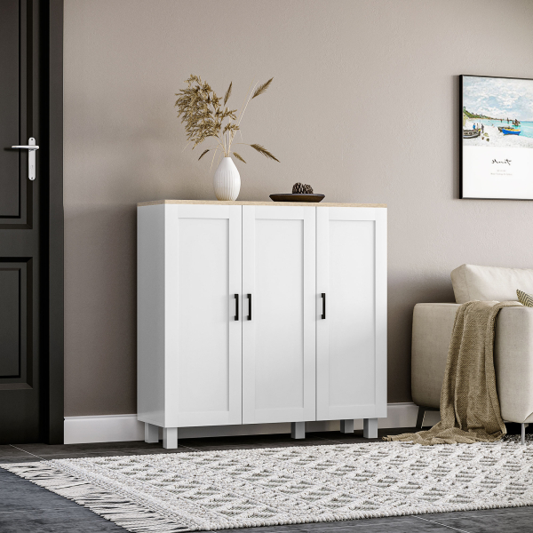 HOMCOM Aparador para Sala de Estar Móvel Buffet com 3 Portas e Prateleiras Ajustáveis 90x30x90 cm Branco e Madeira - Image 2