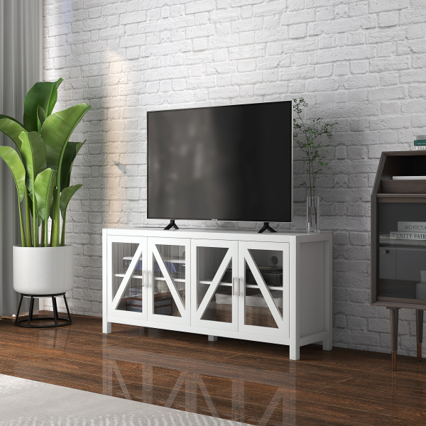 HOMCOM Móvel de TV para Televisores de até 58" com 4 Portas de Vidro Temperado e Prateleiras Ajustáveis 130x35x60 cm Branco - Image 2