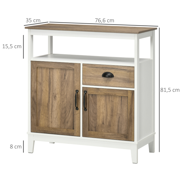HOMCOM Aparador Sala de Estar com 2 Portas Gaveta e Prateleira Ajustável para Sala de Jantar Cozinha Dormitório 76,6x35x81,5 cm Branco e Madeira Envelhecida - Image 3
