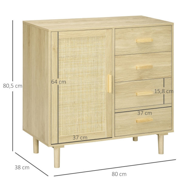 HOMCOM Aparador Sala de Estar Estilo Cannage com Porta de Vime 4 Gavetas e Pés de Madeira de Pinho 80x38x80,5 cm Madeira - Image 3