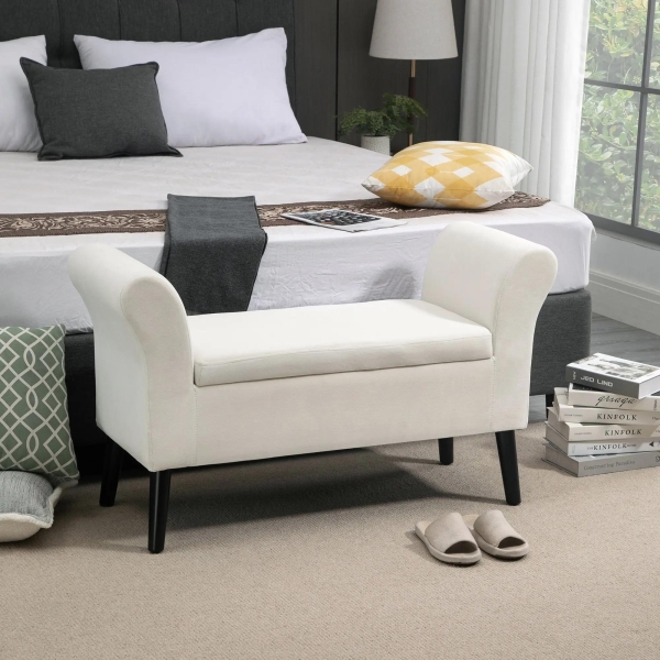 HOMCOM Banco para Pé de Cama Estofado em Veludo Banco de Armazenamento Acolchoado com Tampa Apoio para os Braços Pés de Madeira para Dormitório Sala de Estar 111,5x41x65cm Branco Creme - Image 2