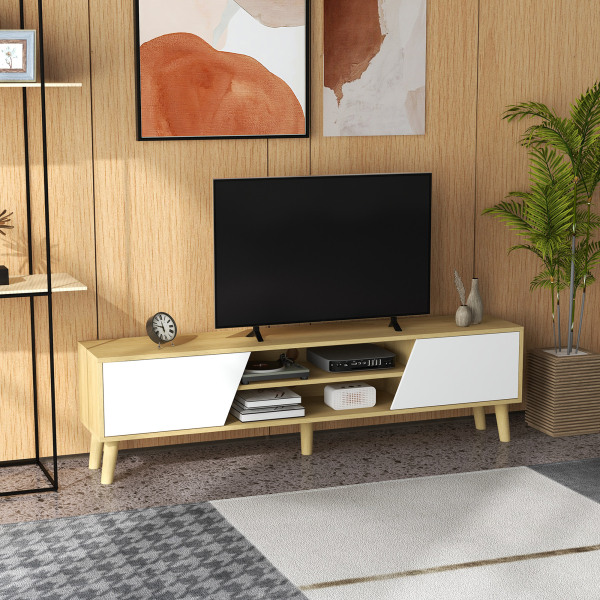 HOMCOM Móvel de TV com 2 Portas e 2 Estantes  para Televisores de até 65 Polegadas 150x30x42 cm Madeira e Branco - Image 2