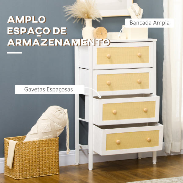 HOMCOM Cómoda Estilo Bohemio com 4 Gavetas de Tecido Dobráveis Superfície de Vime PE e Estrutura de Aço 62x30x105 cm Branco - Image 4