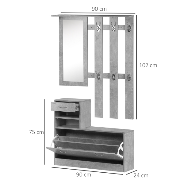 HOMCOM Móvel Cabide de Entrada de 3 Peças Armário de Entrada com Cabide Espelho Sapateira e Gaveta 90x10x102 cm Cinza - Image 3