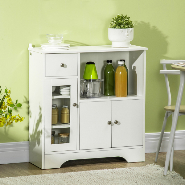 HOMCOM Aparador Moderno com Porta de Vidro Gaveta Prateleira Aberta e Prateleiras Ajustáveis Móvel Auxiliar 80x30x82cm Branco - Image 2