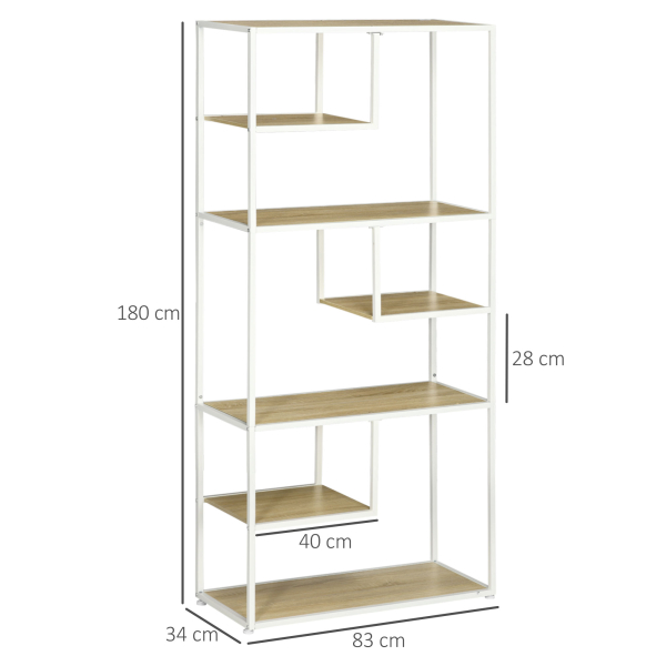 HOMCOM Estante de Armazenamento para Livros com Estrutura de Aço para Escritório Sala de Estar Estúdio 83x34x180cm Carvalho e Branco - Image 3