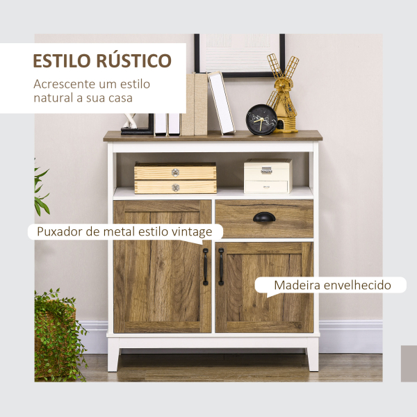HOMCOM Aparador Sala de Estar com 2 Portas Gaveta e Prateleira Ajustável para Sala de Jantar Cozinha Dormitório 76,6x35x81,5 cm Branco e Madeira Envelhecida - Image 4