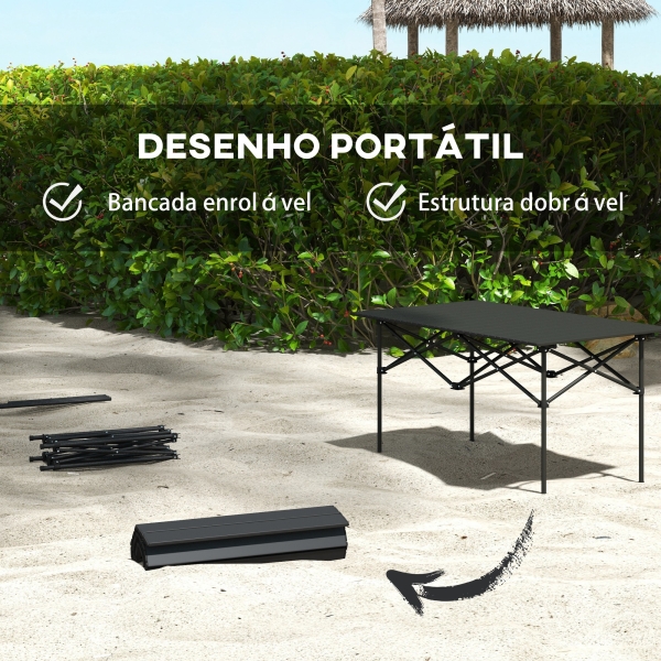 Outsunny Mesa de Campismo Dobrável de Metal com Tampo Enrolável e Bolsa de Transporte Mesa de Piquenique Portátil 95x55x50 cm Preto - Image 4
