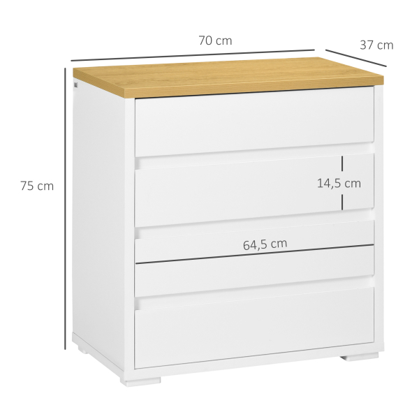 HOMCOM Cómoda Moderna com 4 Gavetas de Madeira para Dormitório Carga Máxima 40 kg 70x37x75 cm Branco e Madeira - Image 3