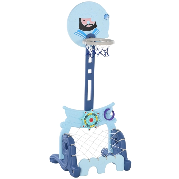 HOMCOM Tabela de Basquetebol 4 em 1 com Altura Ajustável para Crianças acima de 3 Anos Centro de Atividades 58x56x154cm Azul