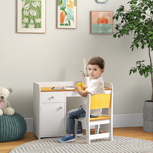 ZONEKIZ Conjunto de Secretária e Cadeira para Crianças Conjunto Infantil de 2 Peças com Gaveta e Armário para Quarto Branco e Natural - Image 2