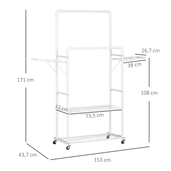 HOMCOM Charriot de Roupa com Rodas com 2 Laterais Dobáveis 2 Trilhos e 2 Prateleiras de Armazenamento 153x43,7x171 cm Branco - Image 3