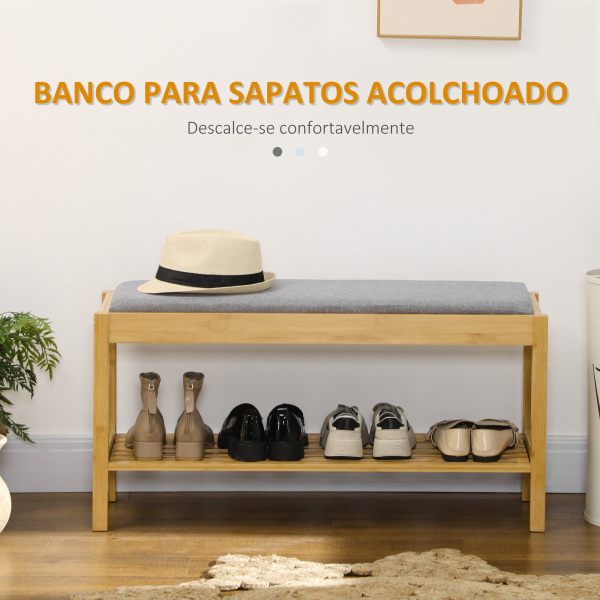 HOMCOM Banco Sapateira de Bambu com Assento Estofado para 3 Pares de Sapatos e Prateleira de 90x30x46 cm Madeira - Image 4