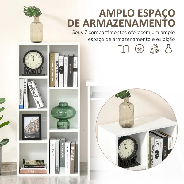 HOMCOM Estante para Livros Estante de Madeira com 7 Compartimentos de Armazenamento Plantas Arquivos para Sala de Estar Dormitório Escritório 50x24x106cm Branco - Image 4