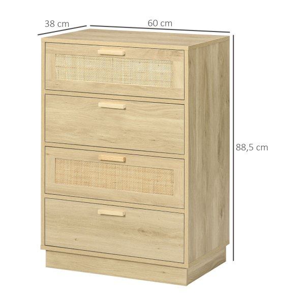 HOMCOM Cómoda com 4 Gavetas de Vime Cómoda de Madeira para Dormitório Sala de Estar Estilo Boêmio 60x38x88,5 cm Madeira - Image 3