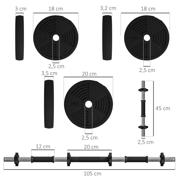 SPORTNOW Kit de Halteres 20kg 2 em 1 com Barra de Pesos Pega Antiderrapante para Treino de Força Preto Verde - Image 3